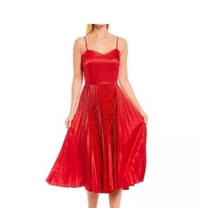 Gianni Bini Red Satin Pleated Midi Dress with Spaghetti Straps